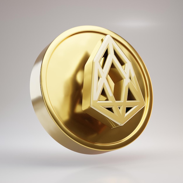 EOS Kryptowährungsmünze. Gold 3d gerenderte Münze mit EOS-Symbol auf weißem Hintergrund.