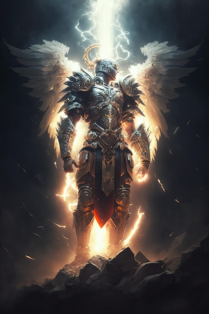 Epic arcángel guerrero caballero paladín en el cielo con armadura y alas ángel fantasía generativa ai