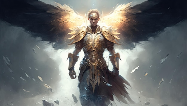 Epic arcángel guerrero caballero paladín en el cielo con armadura y alas ángel fantasía generativa ai