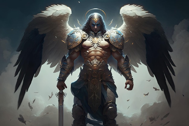 Epic arcángel guerrero caballero paladín en el cielo con armadura y alas ángel fantasía generativa ai