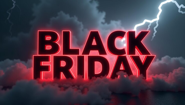 Foto epic black friday letras 3d con bordes rojos nubes de tormenta digital relámpago en un entorno intenso