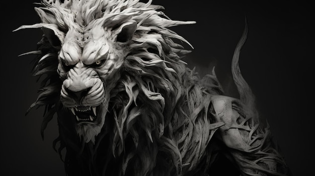 Epic Fantasy Withered Lion Mensch-Hybrid in Schwarz-Weiß