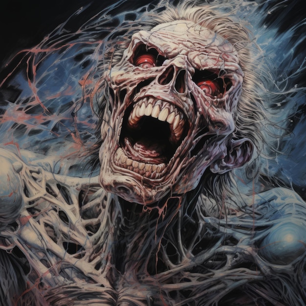 Epic Showdown Eddie de Iron Maiden destruye el demonio fantasma del poltergeist en el dibujo de Derek Riggs