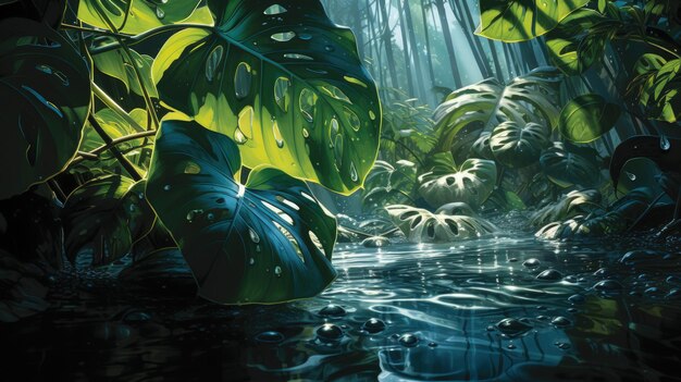 Epic Varigated Monstera Leaf Water Drops Generative AI