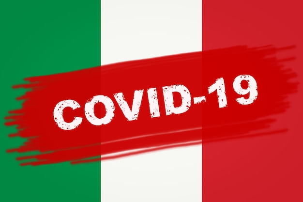 Epidemia de coronavírus OVID19 no banner da Itália com inscrição COVID19 na bandeira italiana Surto mortal de vírus corona na Europa