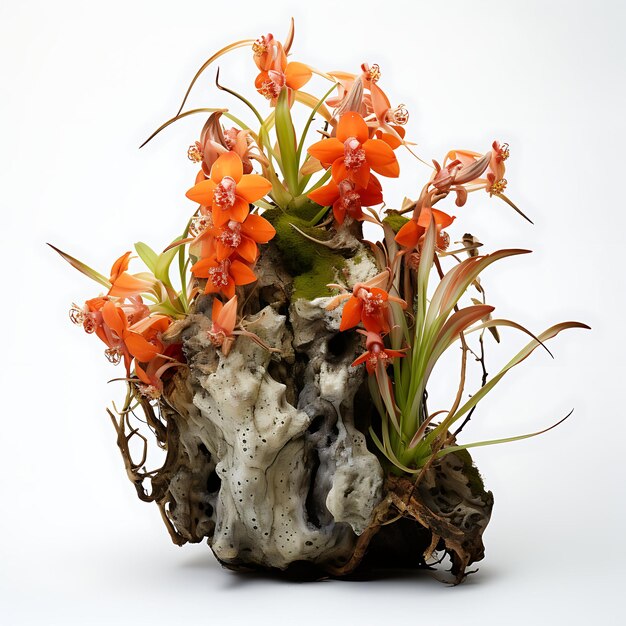 Foto epidendrum radicans racimos de flores de naranja reedlike pse planta y registro sobre fondo blanco.