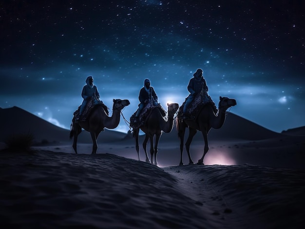 Epifania três reis com camelos andando pelo deserto