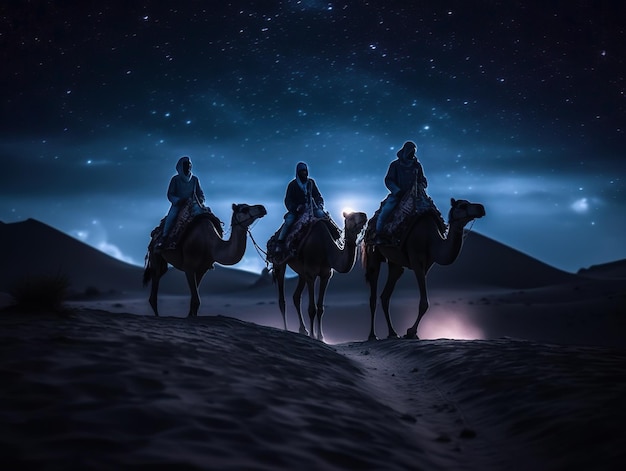 Epifanía tres reyes con camellos caminando por el desierto