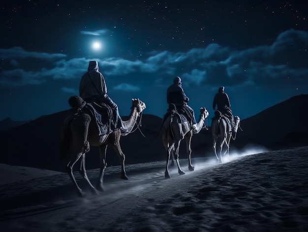 Epifanía tres reyes con camellos caminando por el desierto