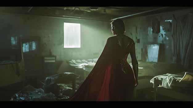 Foto epische fantasie-filmszene eine mächtige superheldin steht in einem dunklen raum sie trägt einen roten umhang und eine goldene rüstung