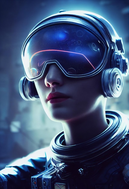 Epische Frau Astronaut Illustration filmisches Porträt Cyberpunk Astronaut dramatische Beleuchtung epischer Raum Futuristisches Bild, das den Weltraum und die Galaxien erkundet AI Neural Network Computer Generated Art