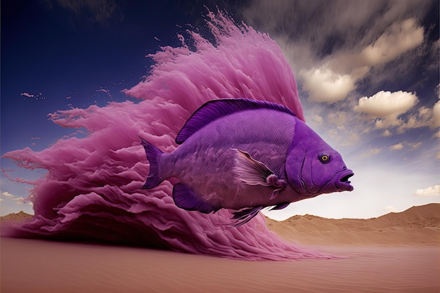Foto epische meeresfische fliegen über wüstensand mit sandexplosion bei windigem wetter mit wolkenhimmelhintergrund kreative lila flussfische, die durch sandsturm digitale kunst 3d-renderillustration stürzen