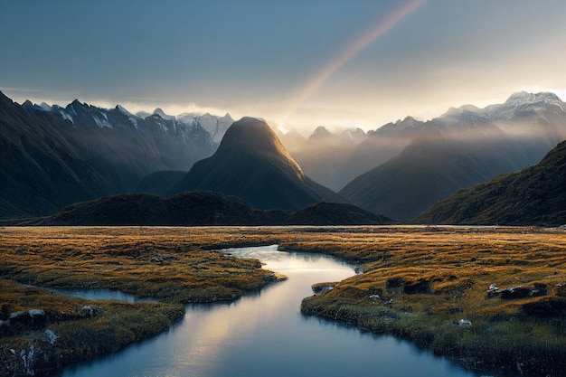 Epische neuseeländische Landschaft Fiordland-NationalparkSchöne BeleuchtungVolumetrische BeleuchtungBerge