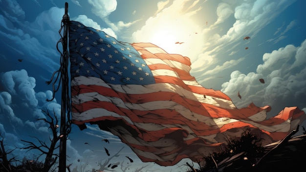 Epische USA-Flagge gegen generative KI des blauen Himmels