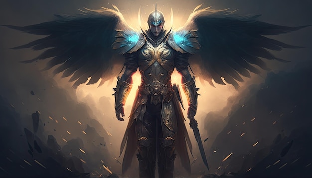 Epischer Erzengel Krieger Ritter Paladin im Himmel mit Rüstung und Flügeln Engel Fantasie Generative ai