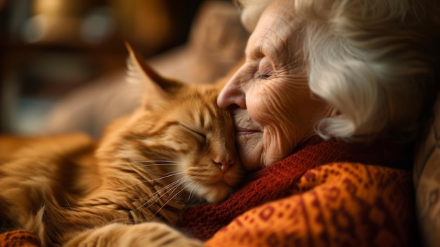 Foto el epítome de la comodidad de la jubilación como una mujer anciana serena se queda dormida junto a un felino durmiendo