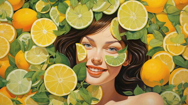 Foto el epítome del refrescante entusiasmo por la vida, el comportamiento alegre de una mujer en medio de un patrón de limón y toronja.