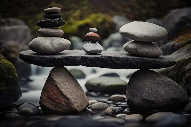 Equilibrando pedras e seixos em frente à natureza BG