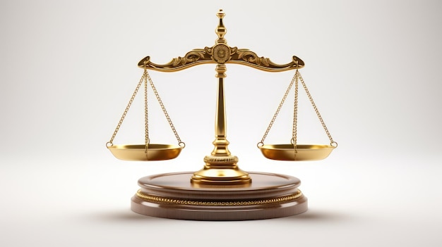 Equilibrar la justicia Resaltar la importancia del juicio equilibrado con una ilustración 3D de escalas de oro aisladas en blanco que simbolizan la precisión legal y la igualdad en la sociedad