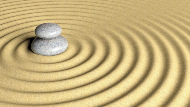 Equilibrar la pila de piedras Zen de grande a pequeña en la arena con ondas circulares