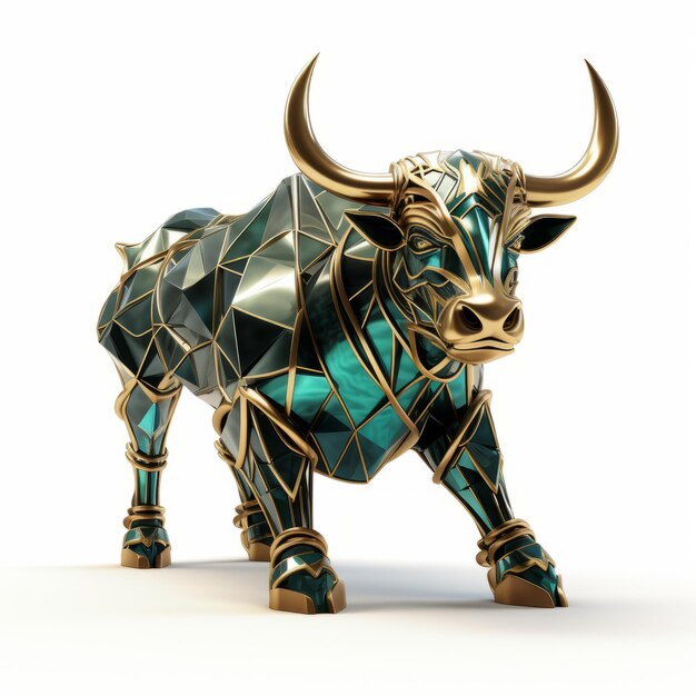 Foto equilibrio armonioso 3d toro de polimetal con cuernos dorados y verdes