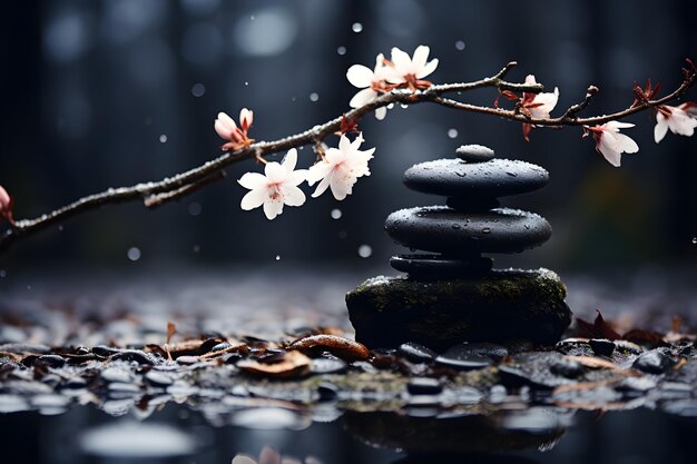 Foto el equilibrio armonioso de la piedra con la rama de la flor