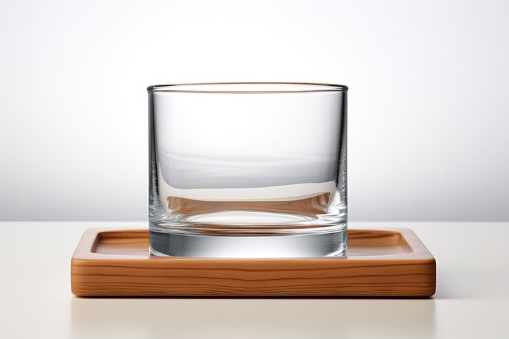 Equilibrio delicado Una bandeja de madera que sostiene un vidrio cristalino sobre un fondo transparente blanco o PNG
