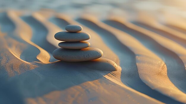 Equilíbrio e tranquilidade conceito com pedras empilhadas em praia de areia inspiração Zen em um cenário natural ao pôr do sol Calma e meditação pano de fundo para o bem-estar AI