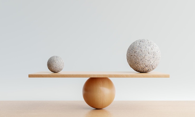 Foto equilibrio de escala de madera con una bola grande y una bola pequeña concepto de armonía y equilibrio representación de ilustración 3d