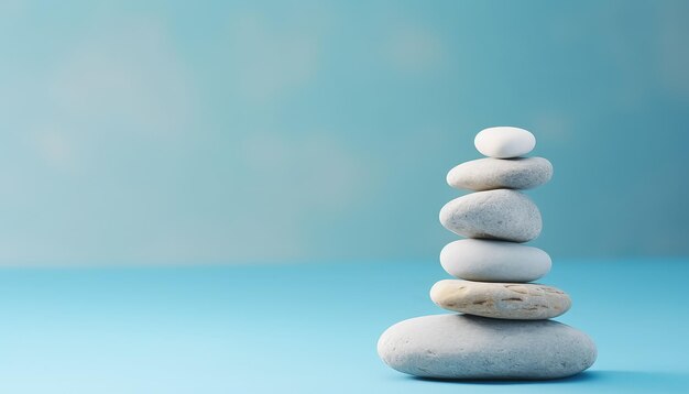 El equilibrio de las piedras blancas sobre un fondo azul