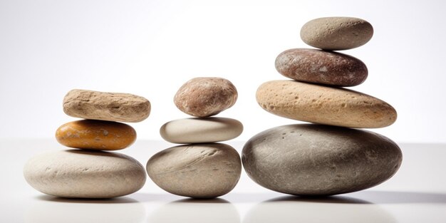 Equilibrio de piedras sobre fondo blanco.