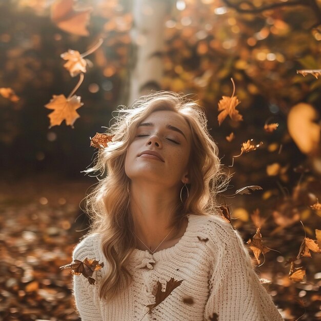 Equinócio de Outono Mulher de camisola branca com folhas caindo de fundo