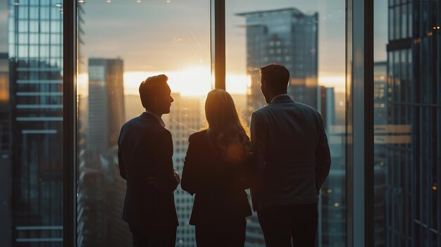 Equipa corporativa ao pôr do sol no escritório