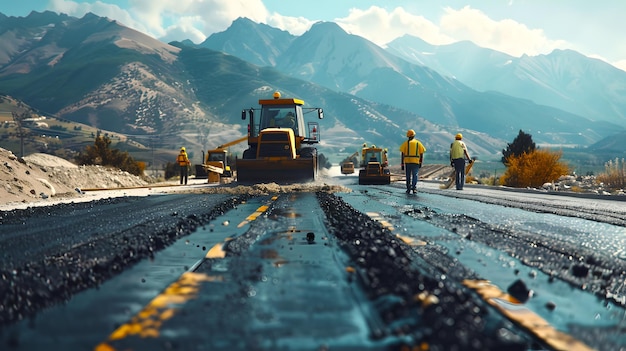 Foto equipa de construção de estradas no trabalho em um dia ensolarado pavimentando uma nova estrada em uma área montanhosa conceito industrial e de desenvolvimento trabalhadores em equipamentos de segurança ai