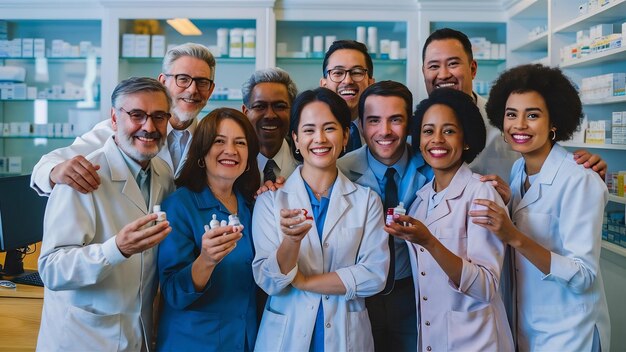 Foto equipa de farmacêuticos sorrindo para a câmera
