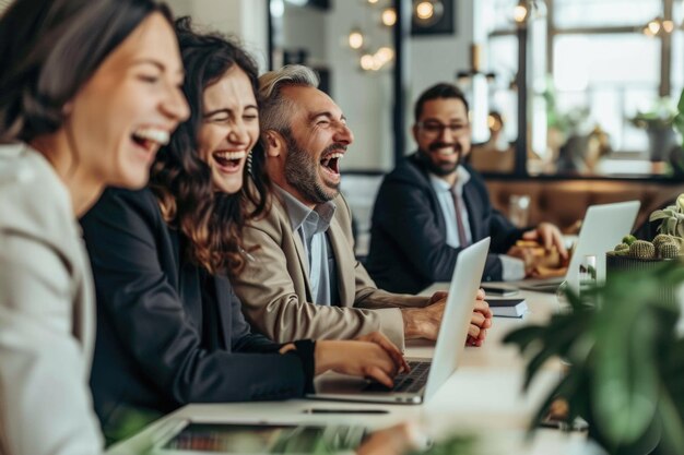 Foto equipa de negócios diversificada a colaborar felizmente num novo projecto