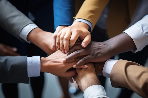Equipa de negócios diversificada unindo as mãos em um grupo de apoio e motivação