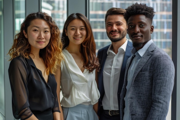 Equipa de negócios internacional diversificada de sucesso de quatro colegas de trabalho profissionais posando