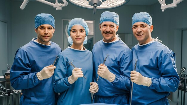 Foto equipa de quatro cirurgiões em uniforme azul de pé juntos