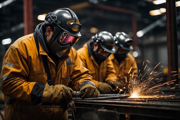 Foto equipa de soldadores a trabalhar numa fábrica metalúrgica indústria metalúrgica