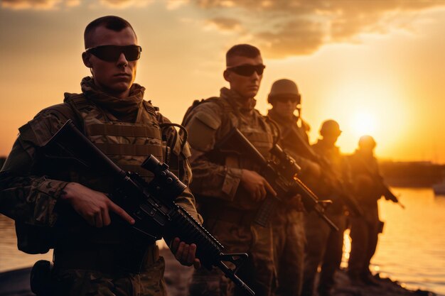 Foto equipa de soldados das forças especiais no campo de batalha ao pôr-do-sol