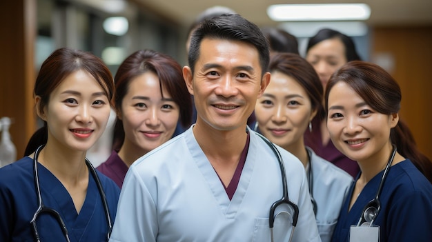 Foto equipa dedicada de médicos asiáticos sorridente e profissionais de saúde no hospital