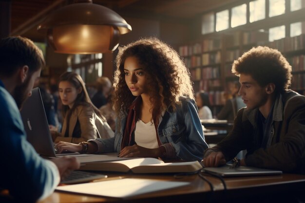 Equipa diversificada de estudantes que estudam juntos numa ai generativa