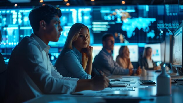 Foto equipa diversificada de gestores de emergência a trabalhar em computadores de ia generativa