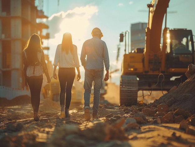 Foto equipa diversificada de homens e mulheres caminhando no canteiro de obras