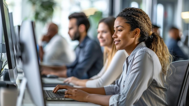 Equipa diversificada de profissionais de negócios dedicados ao seu trabalho num escritório bem iluminado