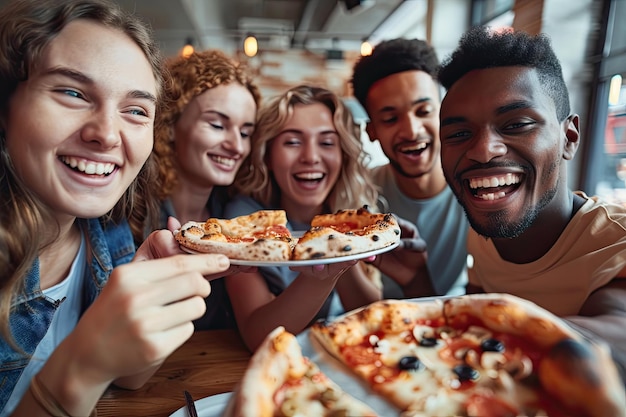 Foto equipa diversificada gosta de almoçar e rir juntos no escritório