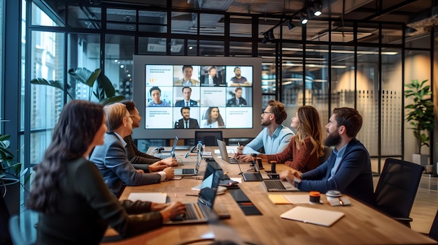 Equipa diversificada num escritório moderno durante uma videoconferência. Tecnologia de ambiente de trabalho profissional e colaborativo em ambientes corporativos. IA