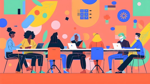 Equipa diversificada trabalhando juntos em um escritório moderno colorido criatividade em negócios ambiente de espaço de trabalho colaborativo IA