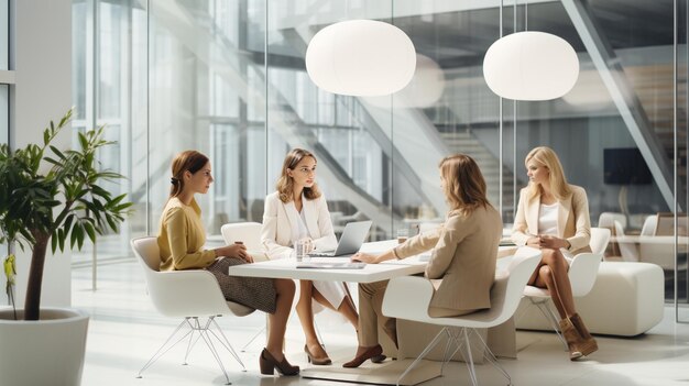 Foto equipa feminina a falar num escritório moderno, minimalista, soberbo, limpo.